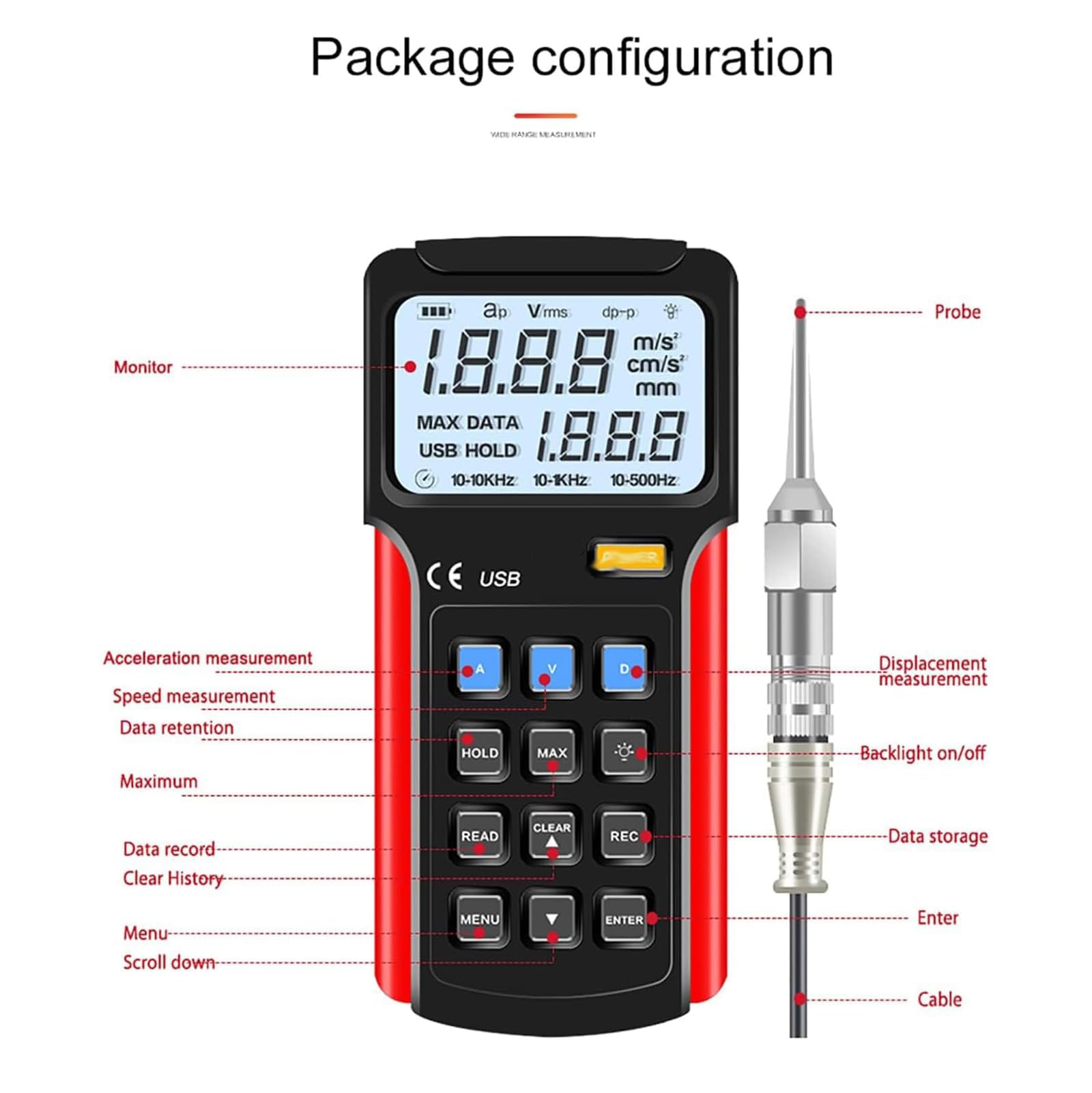 Vibromètre numérique portable avec écran LCD, erreur de mesure ± 5 %, fonction d'arrêt automatique, idéal pour générateurs, systèmes CVC, ventilateurs, moteurs