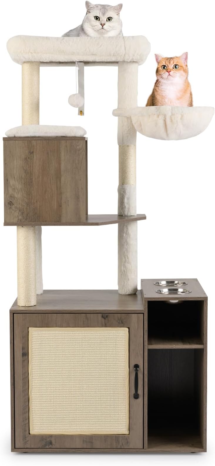 COSTWAY Cat Tree with Litter Box Enclosure, Cats Climbing Tower with Sisal Scratching Post & Mat, Dangling Ball, 2 Feeding Bowls, Wooden Hidden Kitty Washroom (Oak Grey)