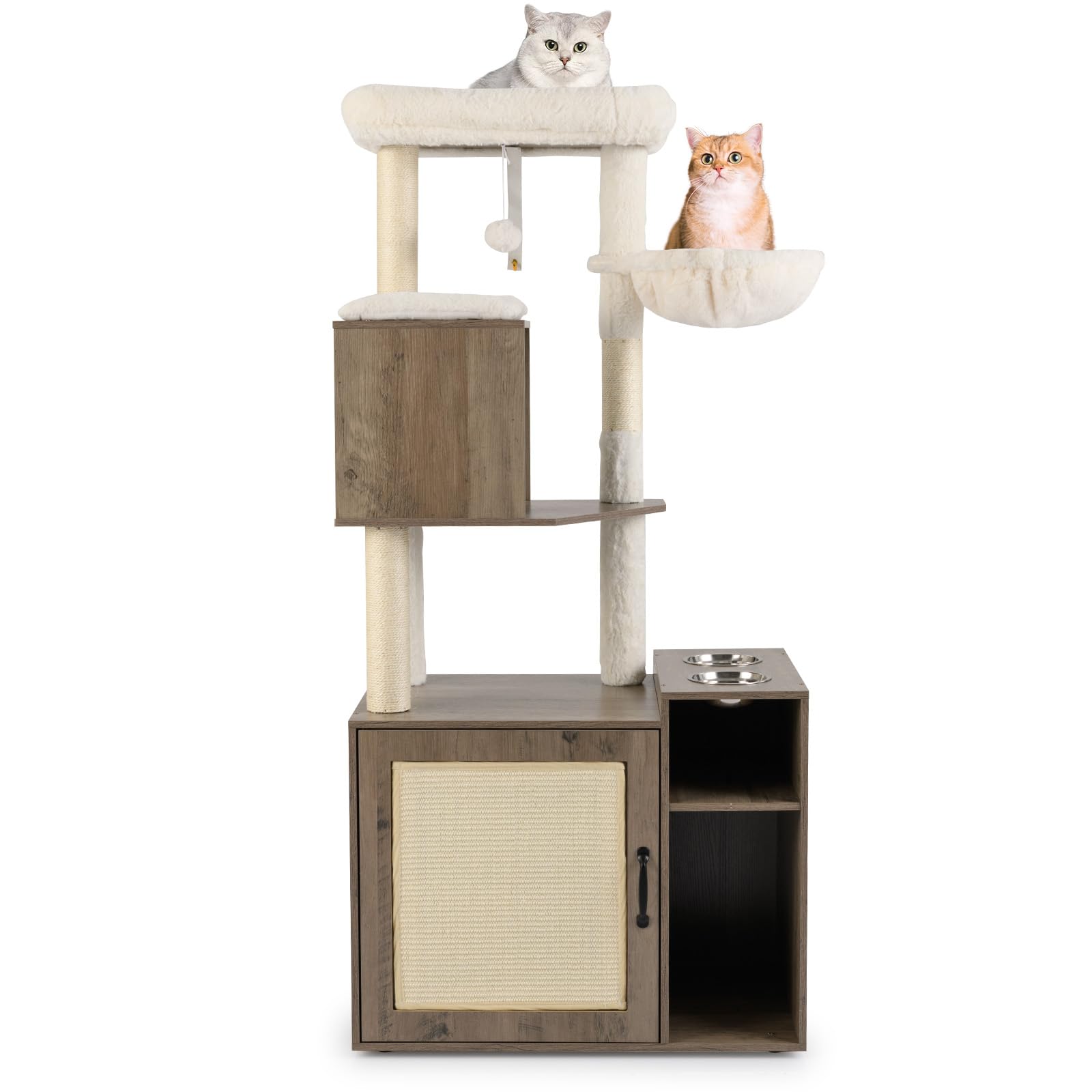COSTWAY Cat Tree with Litter Box Enclosure, Cats Climbing Tower with Sisal Scratching Post & Mat, Dangling Ball, 2 Feeding Bowls, Wooden Hidden Kitty Washroom (Oak Grey)