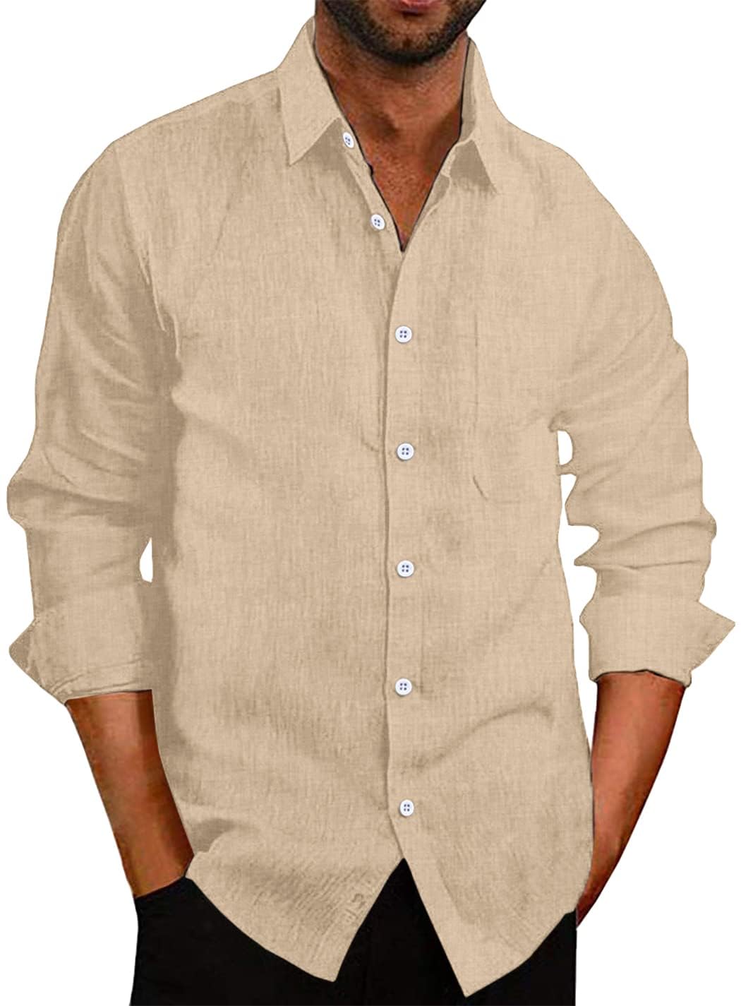 COOFANDY Camisas Casuales de Lino de Manga Larga Camisas de Vestir de Negocios para Hombre Camisas de Playa de Verano Lisas con Botones