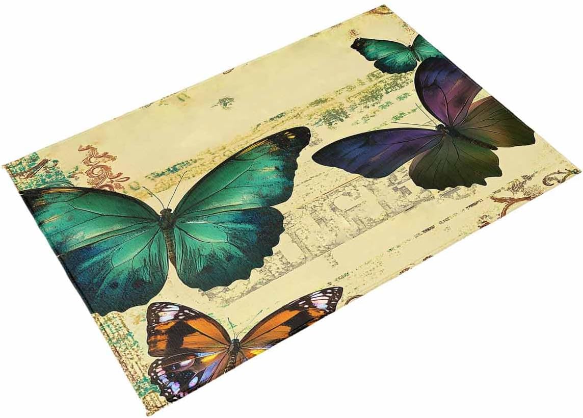Outdoor Rug 4x6 ft Green Purple Butterfly Outdoor Large Area Rug Non Slip Rubber Vintage Style Washable Front Door Mat RV Rug Camping Carpet Patio Outdoor Rugs for Backyard Balcony Deck Porch Indoor