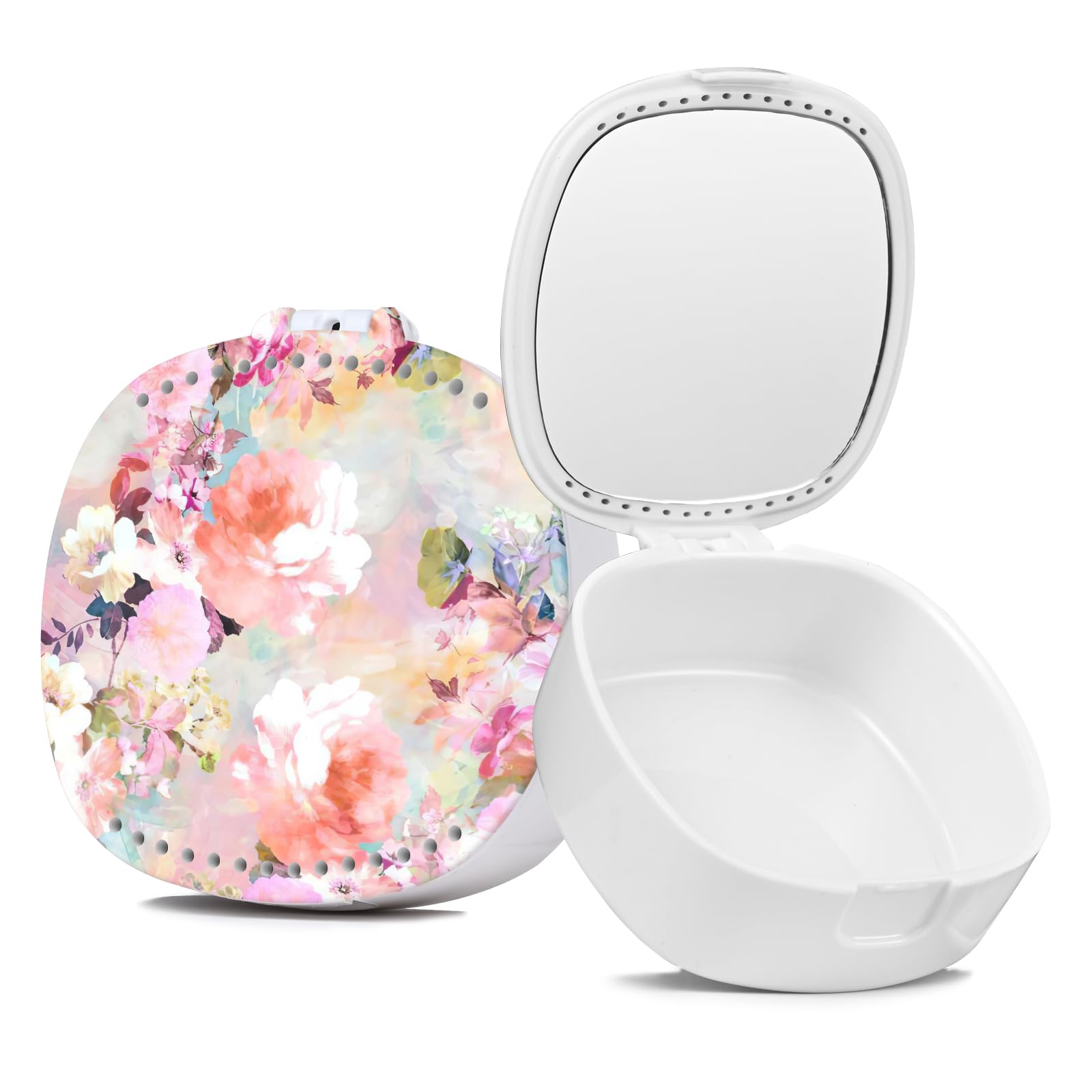 TIHYWR Retainer Case, Denture Case Night Guard Mouth Guard With Mirror and Ventilation Holes,Pink Flower