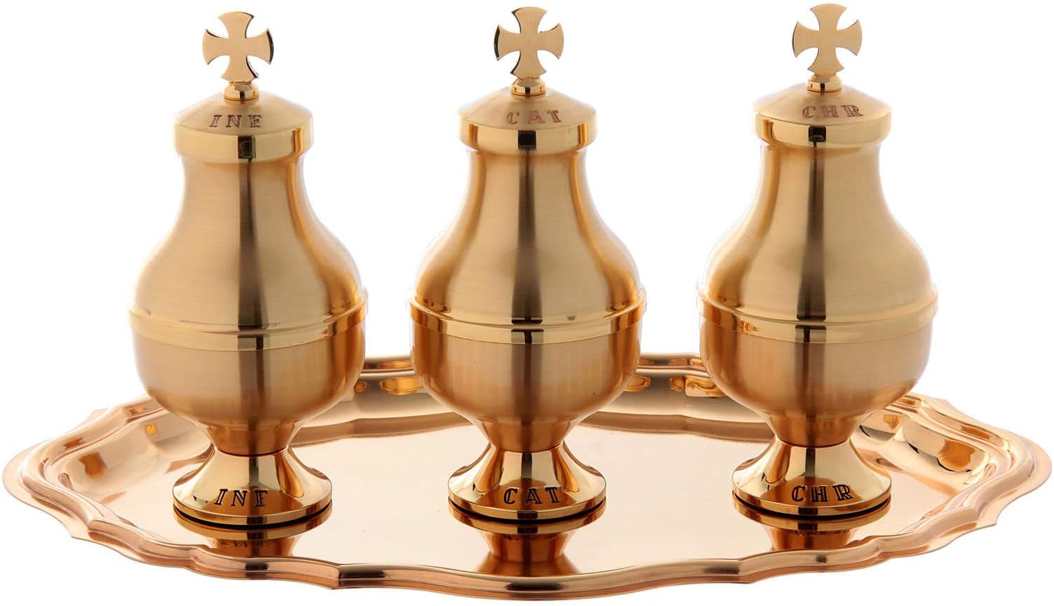 Holy oils vessels and plate in gold-plated brass, Nickel