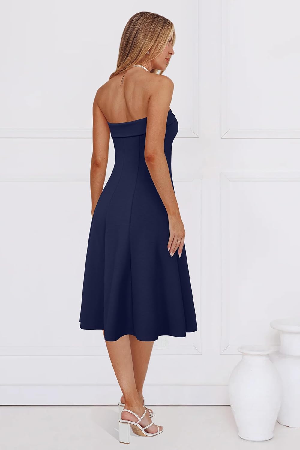 Newshows Women's 2025 Summer Cocktail Dress Stretch Wrinkle-Free Elegant Strapless Tube Formal Evening Party Skater Midi Dress(Navy,S) - Image 6