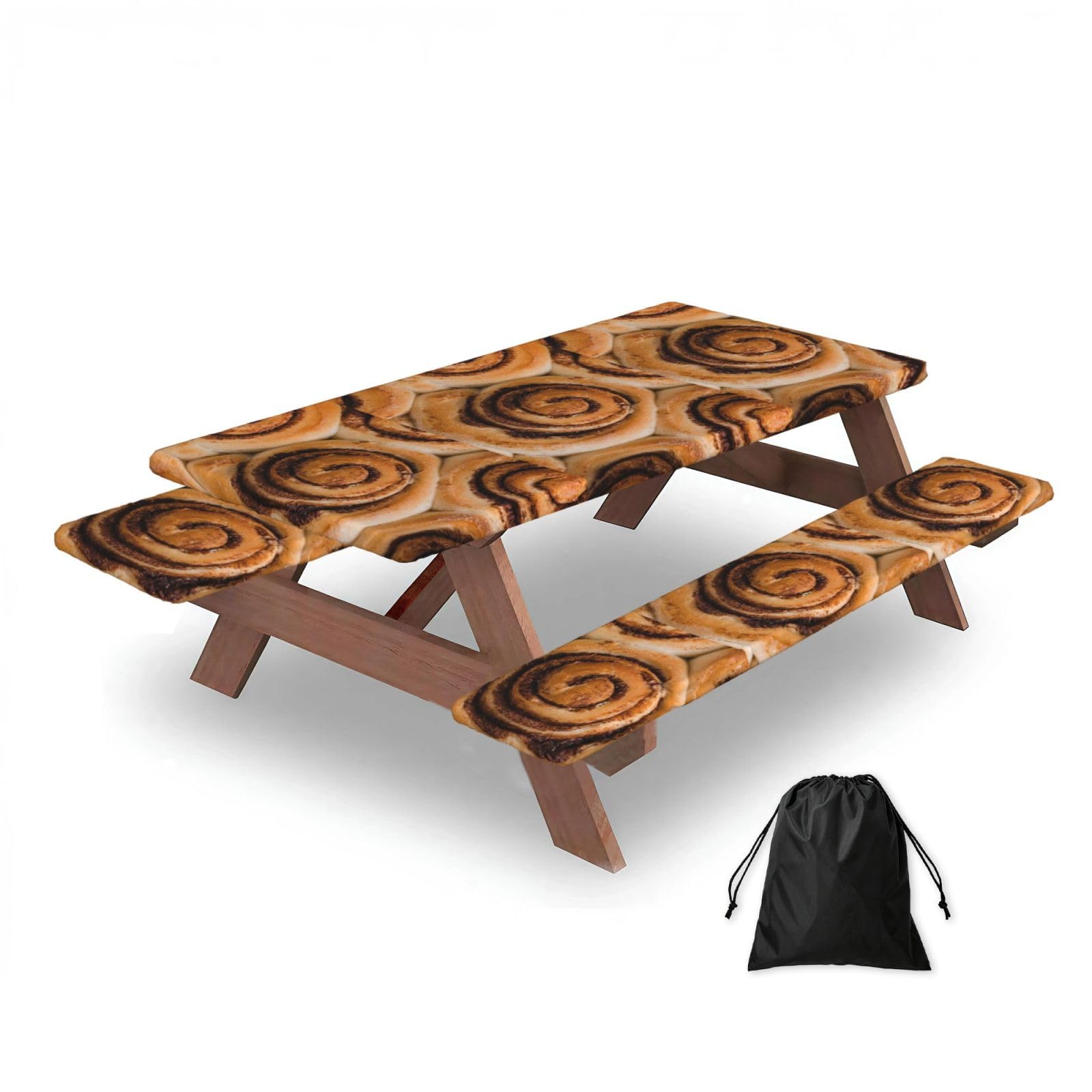 Dopklna As Picture Delicious Cinnamon Rolls Bread Pattern, Picnic Table Cover With Bench Covers -Waterproof Elastic Fitted Tablecloth For Garden Camping Patio 76X152cm