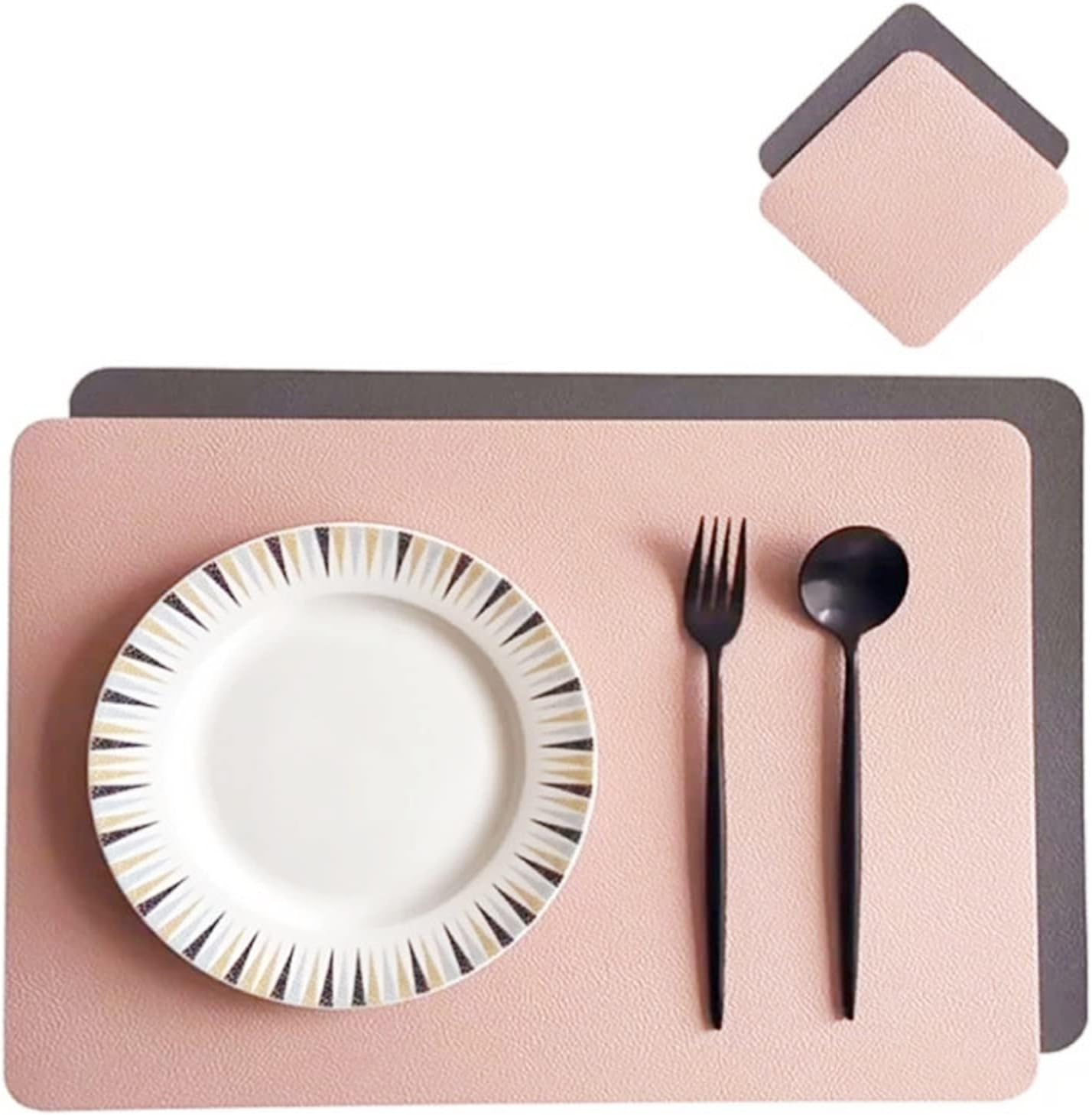 PU Place Mats Faux Leather Double Side Placemat and Coaster Set of 1/4/6 Easy to Clean Table Mat Waterproof Wipeable(DP Pink and Grey,6sets)