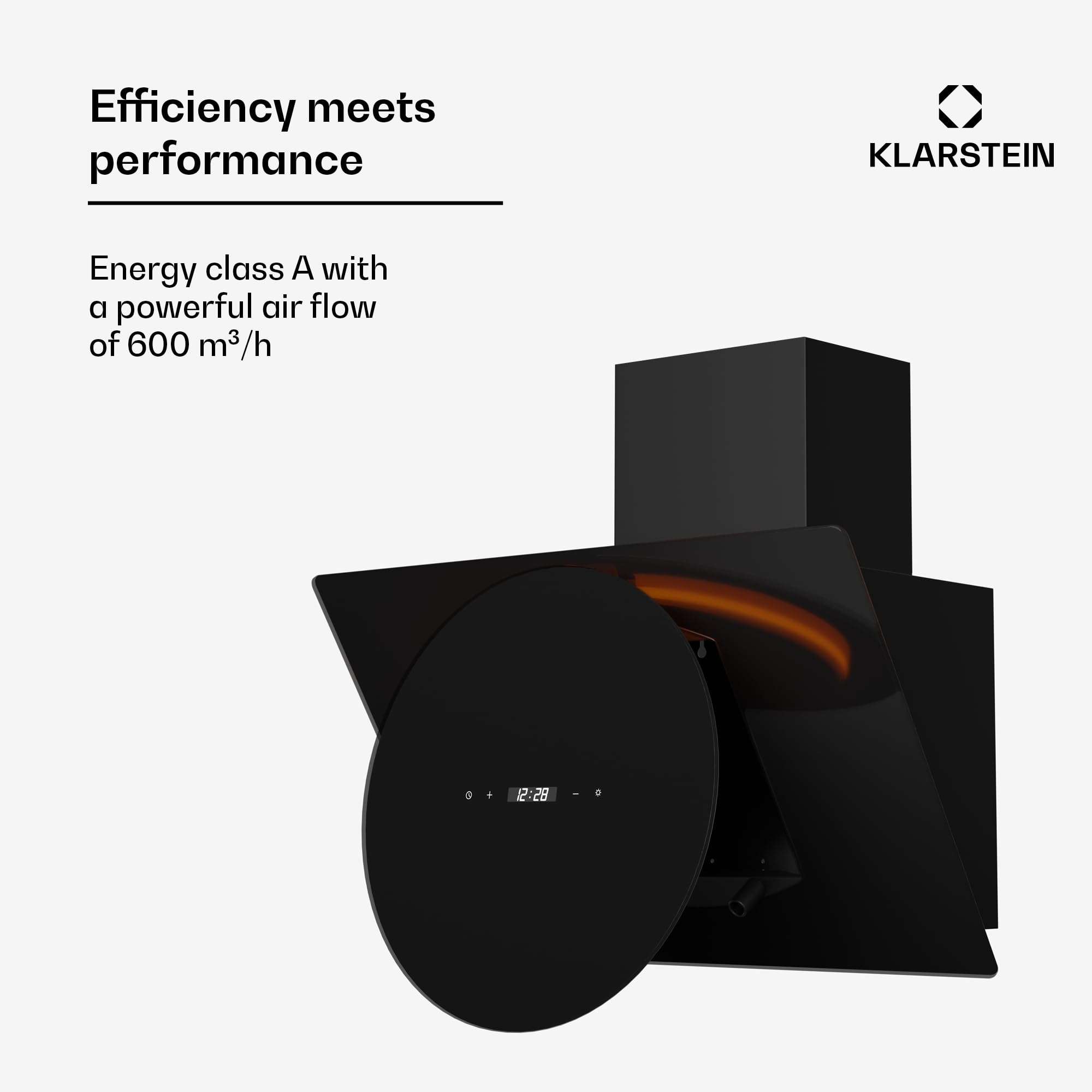 Klarstein Total Eclipse Okap kuchenny - Okap skośny 60 cm, Oświetlenie LED 3000 K-6500 K, 600 m³/h, Sterowanie dotykowe, Klasa energetyczna A, 61 dB, Recyrkulacja i wyciąg, Czarny