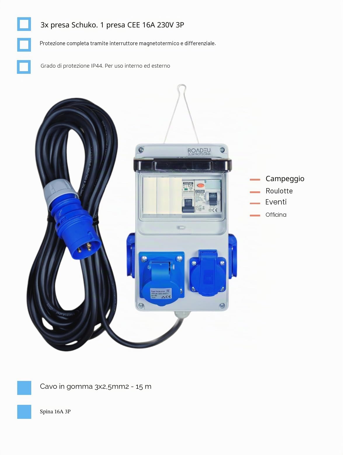 RoadEu - Distributore elettrico portatile 230V monofase con 3 prese Schuko, 1 presa CEE 16A 3P, cavo in gomma 15 m, spina CEE 16A – alimentazione per campeggio, camper, barche, eventi all’aperto