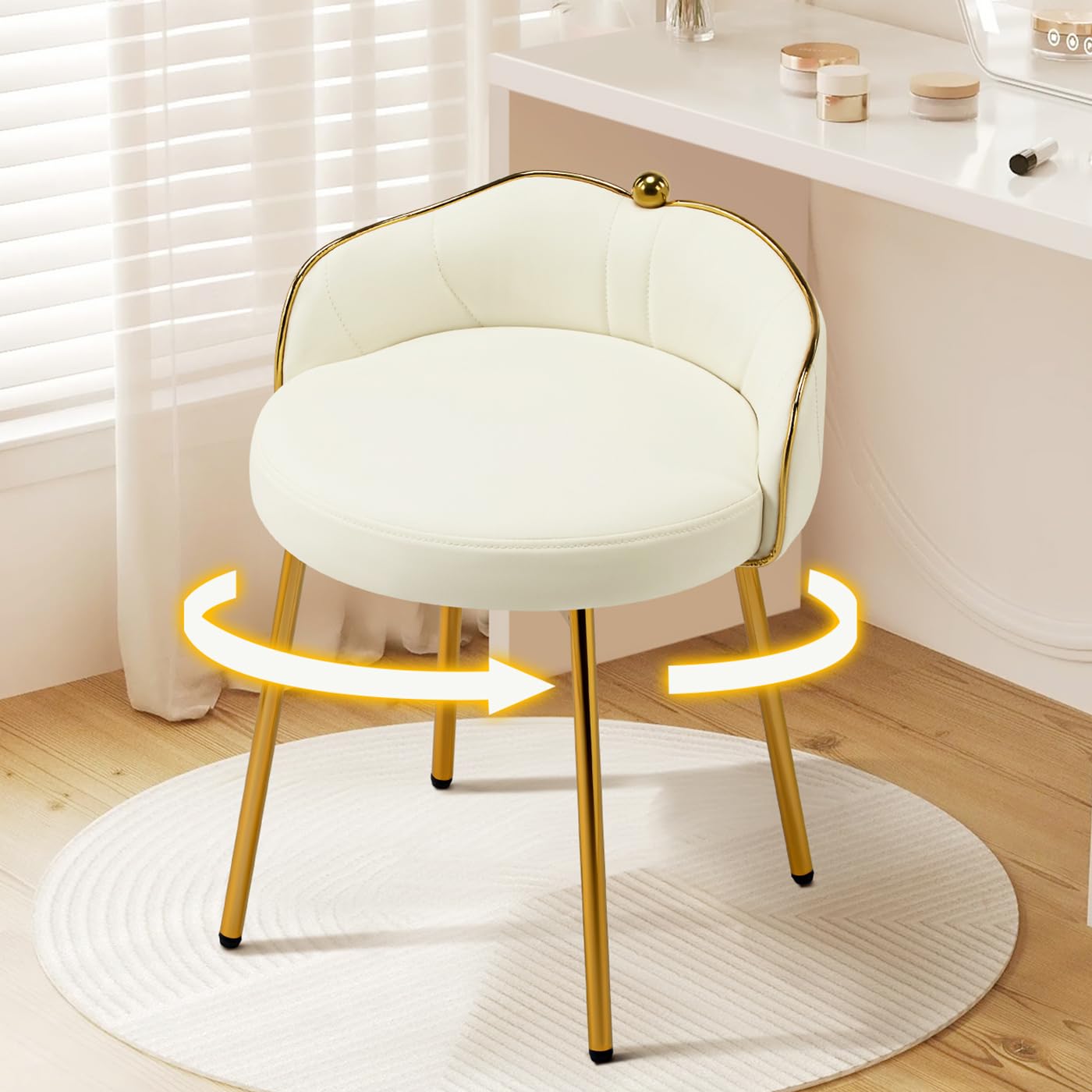 Hellove Cute Schminktisch Hocker, Armlos Drehbarer Schminktisch Stuhl mit Gold Metallbeinen, Sitzhocker, Drehhocker, Fußhocker Makeup-Hocker Leder Stool für Schlafzimmer Wohnzimmer Esszimmer, Beige