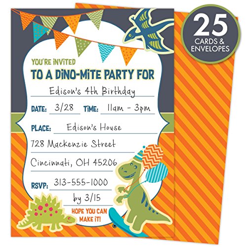 Koko Paper Co Dinosaur Party Invitations For Kids’ Birthdays Or Baby Showers. Set Of 25 Cards And Envelopes. Colorful, Fill-In Style For Boys And Girls, 5” X 7” Printed On Heavy 140Lb Card Stock #TOP2