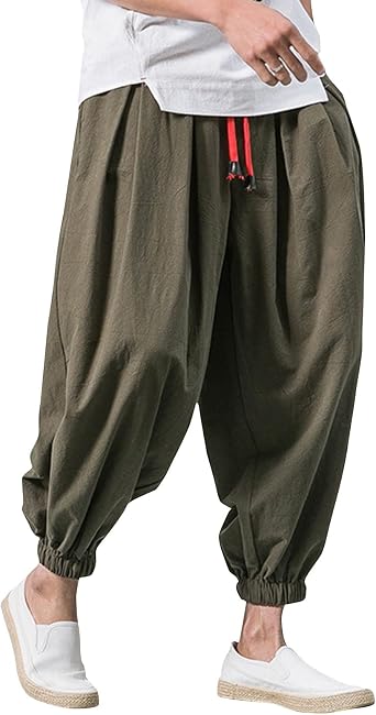 Men Hippie Harem Pants Baggy Linen Cotton Boho Tapered Trousers Summer Beach Long Pants Casual Drop Crotch Trouser