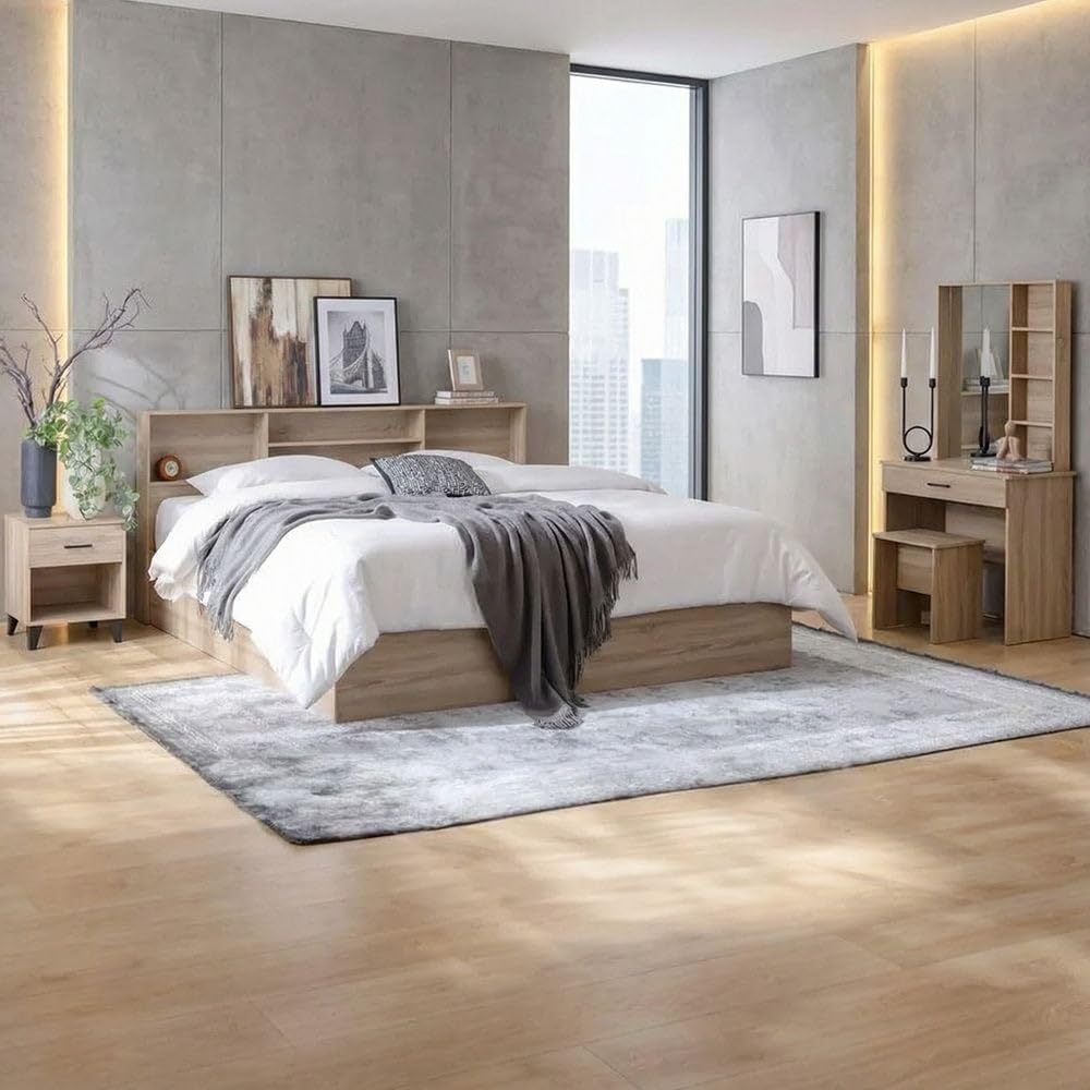 Danube Home Gamorah 5 Pieces Bed Set King Size + Night Stand + Dresser And Stool With Mirror | Comfortable Bedset Full | Sturdy Modern Design Wooden Bed Room Set Furnitures (Sonoma Dark Oak, King)