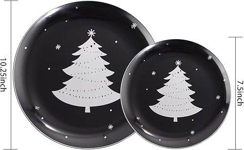 Miniatura 3 de WDF 50 platos de Navidad de plástico, platos de plástico negro y plateado con árbol de Navidad, incluye 25 platos llanos, 25 platos de ensalada,