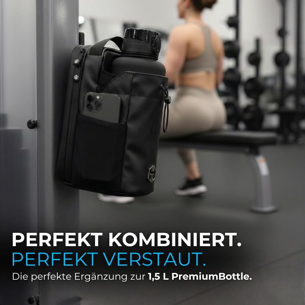 Magnetic-Bottle-Bag + 1,5L Premium Trinkflasche – Gym Bundle mit Flaschenhalter, Früchteeinsatz & Zubehörfach