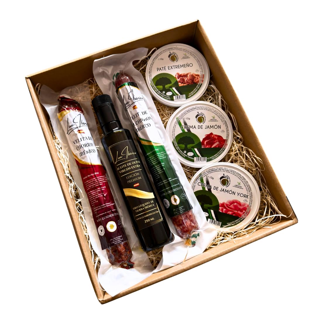 LUX IBÉRICO - Cesta Gourmet Zurbarán - Patés y Embutido Ibérico | Velitas de chorizo y salchichón ibérico, tres patés extremeños y aceite de oliva virgen extra. Lista para regalar.