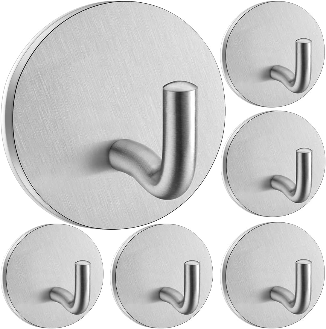 SonTiy Adhesive Wall Hooks for Hanging Towel Coat,Stick on Hooks for Hanging Heavy Duty Robe Hooks for Bathroom Hooks for Wall, Towel Hanger Brushed SUS304 Stainless Steel Hooks-6 Pack
