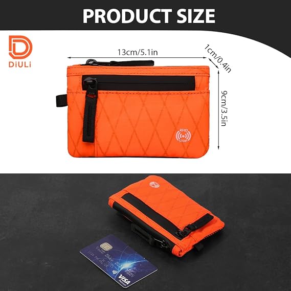 DiULi Mens RFID Blocking Wallet with Coin Pocket | Secure Travel Card Holder & Zip Pouch | Compact Slim Minimalist Design | (13.3 x 9.3 cm) Orange