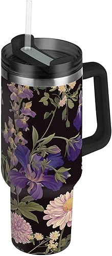 Garden Daisy - Botella de agua reutilizable al vacío para niños con tapa y pajita, taza de café decorativa de 40 onzas para agua, té helado o café,