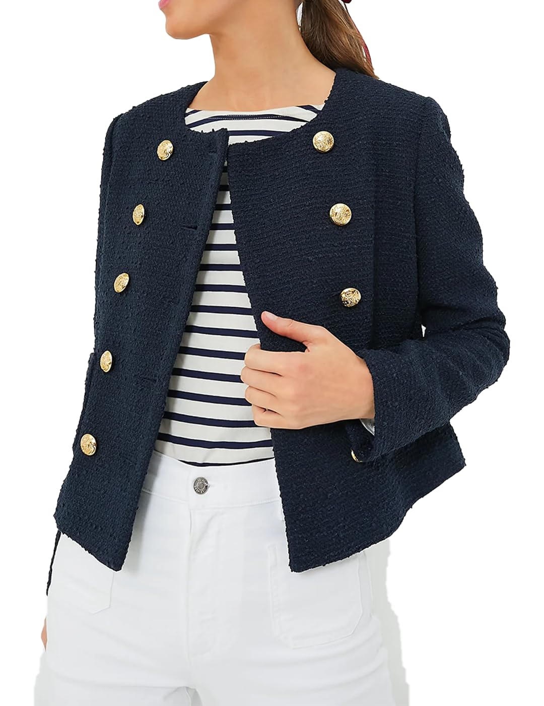 womens Tweed Blazer Jacket Vintage Long Sleeve Double Breasted Jacket Button Down Shirt Work Suits Coat