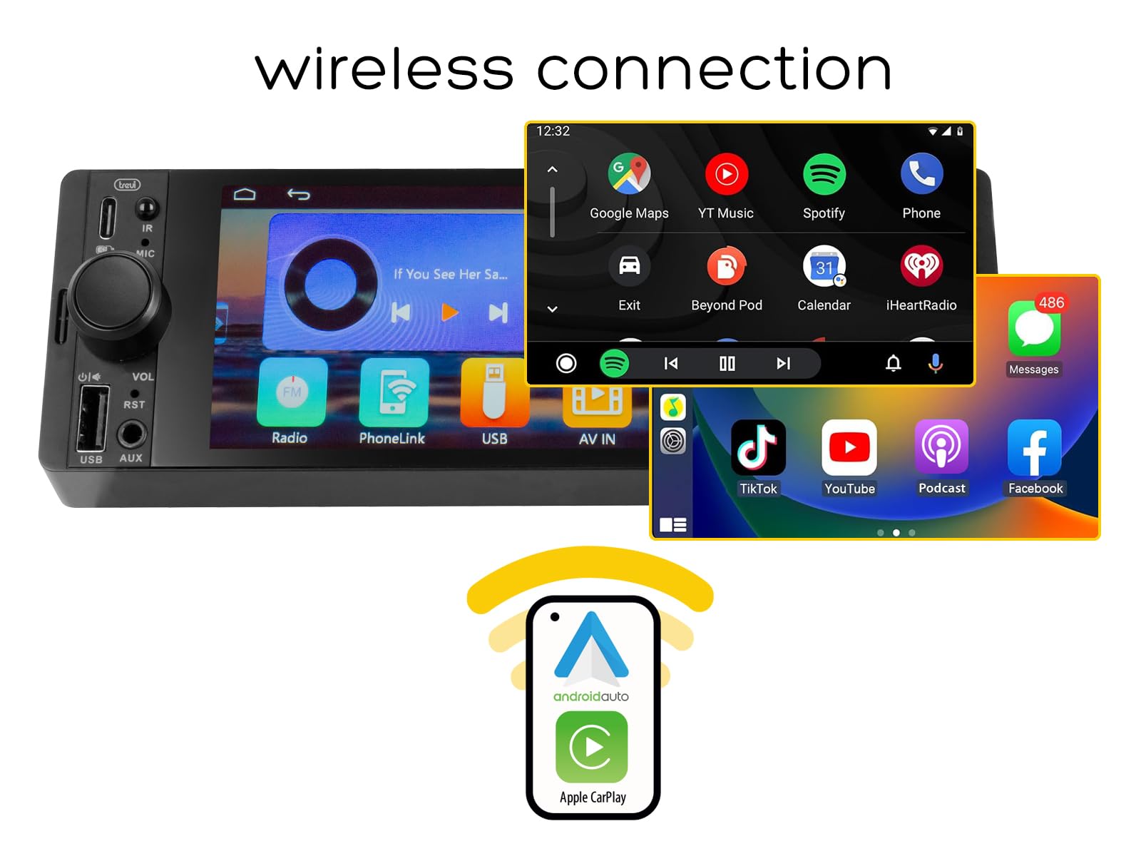 Trevi MDV 6370 DAB Autoradio 2 DIN Touchscreen 6.6” con Ricevitore Digitale, Android Auto e Apple CarPlay Wireless, USB-C Fast Charge, AUX-IN, Mirror Link, Vivavoce, Telecomando, Antenna Inclusa