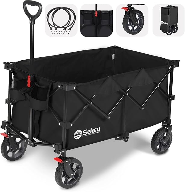 Sekey Folding Wagon with 150kg Load Capacity, 200L Large Capacity, Heavy Duty Festival Trolley on All-terrain Wheels with Brake, Collapsible Trolley Cart with Straps& Drink Holders, Black