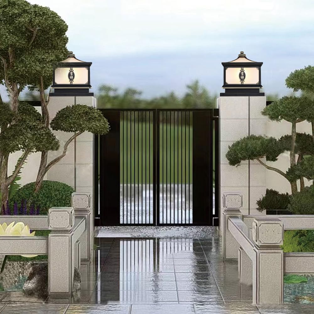 Solar Post Lights Outdoor New Chinese Style Garden Garden Landscape Column Light High -end Solar Power Connection Dual -use Door Pillar Lamps Aluminum Waterproof with Glass Shade Pillar Light
