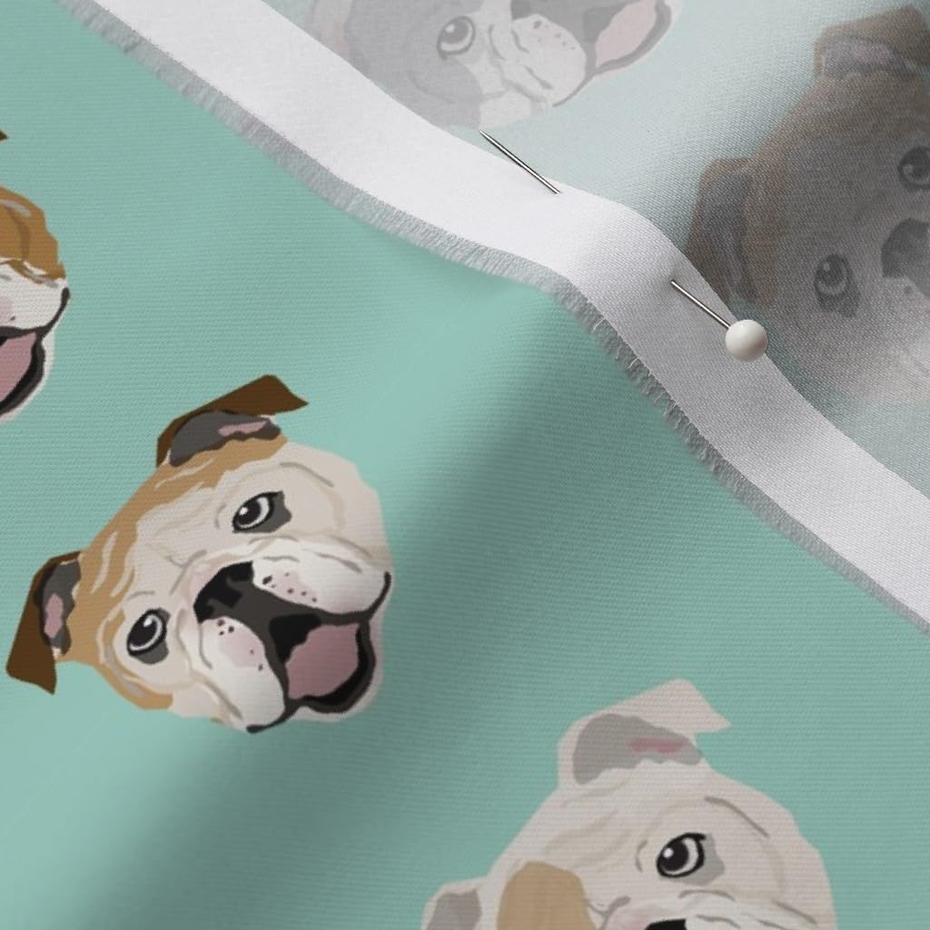 Spoonflower Fabric - English Bulldog Faces Cute Mint Dog Face Dogs Breed Bulldogs Pet Printed on Organic Cotton Sateen Fabric by The Yard - Sewing Quilting Apparel Home Decor