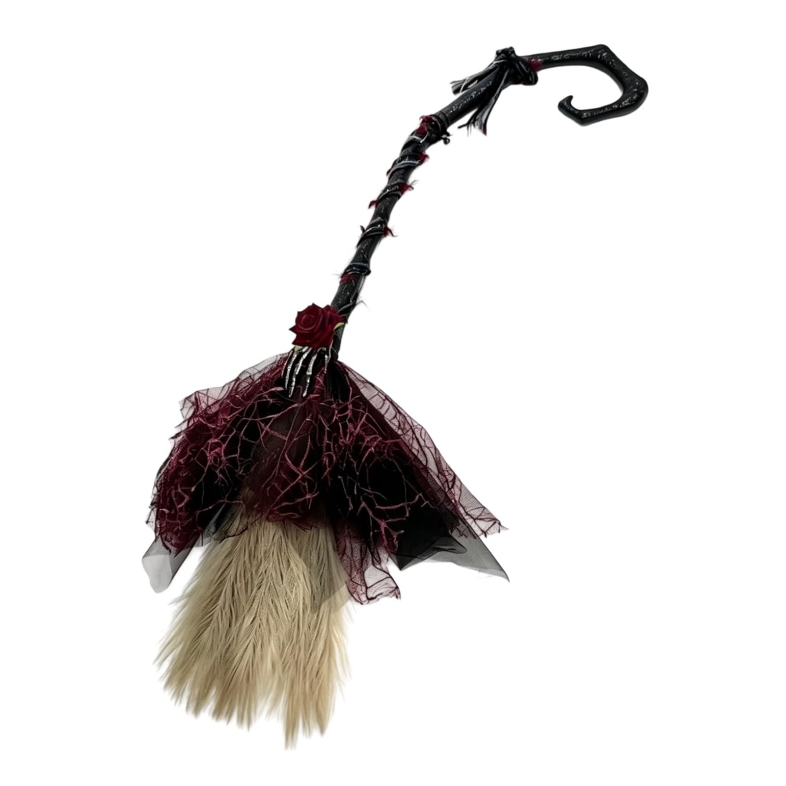 pidodou Witch Broom Black Tulle Gothic Rose Skeleton Hand Cosplay Prop