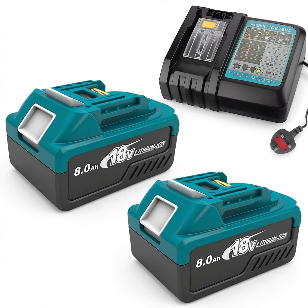 Replacement Battery for Makita Battery, 2 x 8.0Ah Battery and 1 x DC18RC Charger, Compatible with 14.4V-18V BL1850 BL1830 BL1860 BL1840 and DC18RA, DC18RD, DC18SD,300W