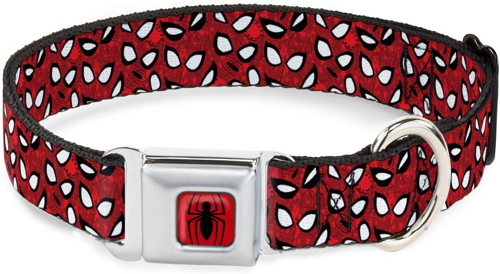 Dog Collar Seatbelt Buckle Spider Man Eyes Spiders Scattered Reds Black White 13 to 18 Inches 1.5 Inch Wide