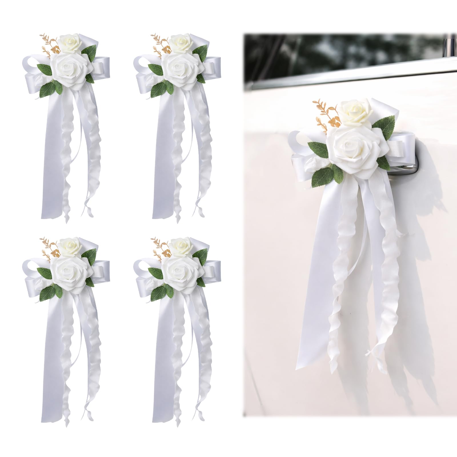 4Pcs Wedding Car Door Handle Flowers Car Decorations, Wedding Car Ribbon Decorations, Car Bow with Floral Accents, Elegant Car Ribbon for Wedding Celebrations for Rearview Mirrors and Door Handles