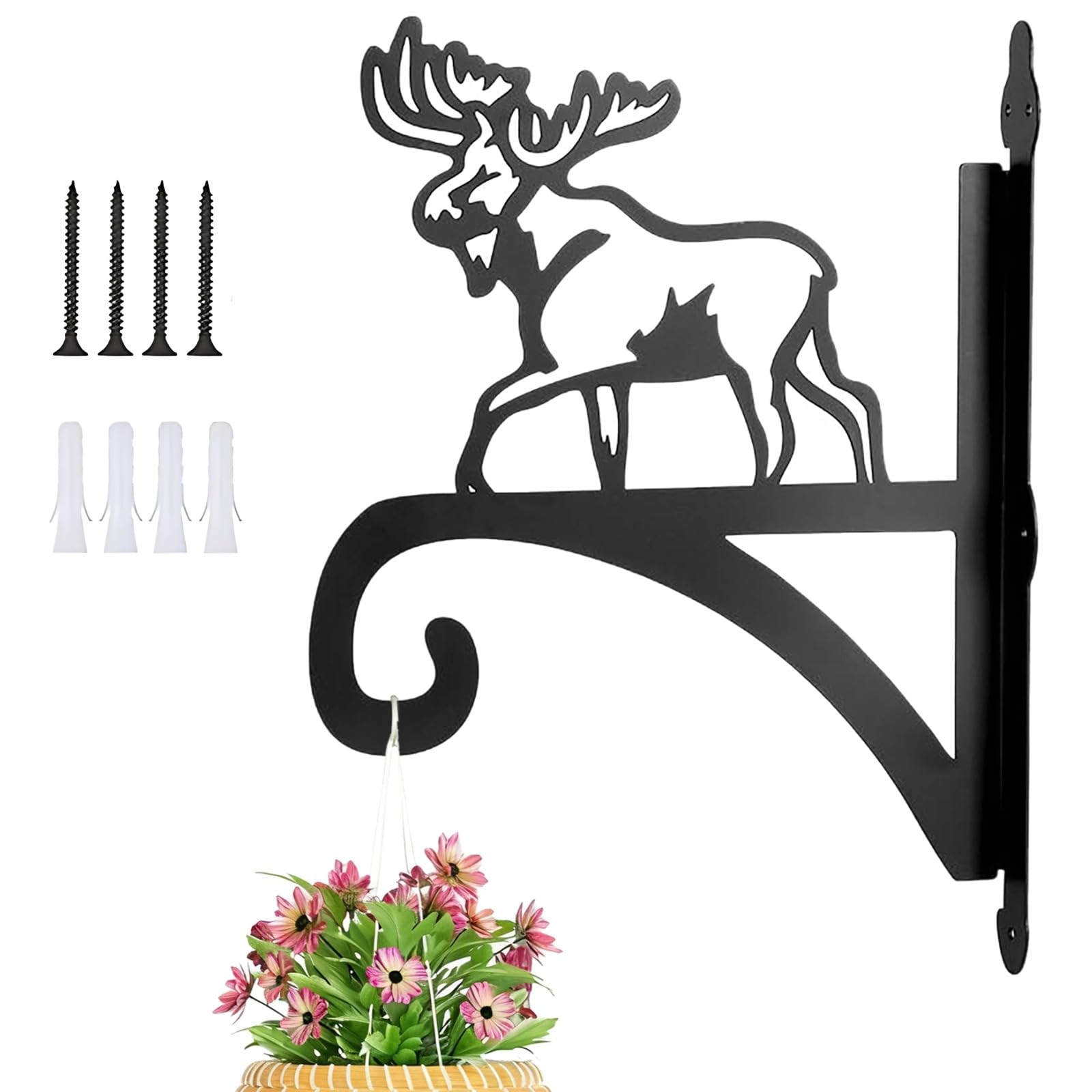 Pflanzenhaken zur Wandmontage, 12 x 15,7 Zoll, stabile Eisen-Hängehalterung für innen und außen mit Elch-Silhouette, dekorativer Wandhaken aus Eisen für Blumenampeln und Pflanzenkörbe