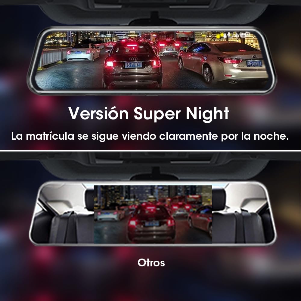 Jansite 10" Mirror Dash CCM Cámara Frontal de Coche Pantalla Tácti Retrovisor, Delantera y Trasera 1080P Streaming Media con Cables de 10 m Lente Doble Súper Visión Nocturna Gran Angular de 170°