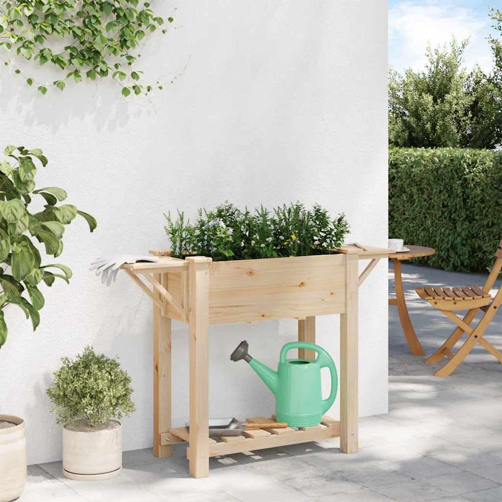 Jardinera de jardín con estante beige 111 x 37 x 76,5 cm de madera de abeto, resistente estante para plantas para patio y jardín, práctico espacio de almacenamiento para herramientas, diseño