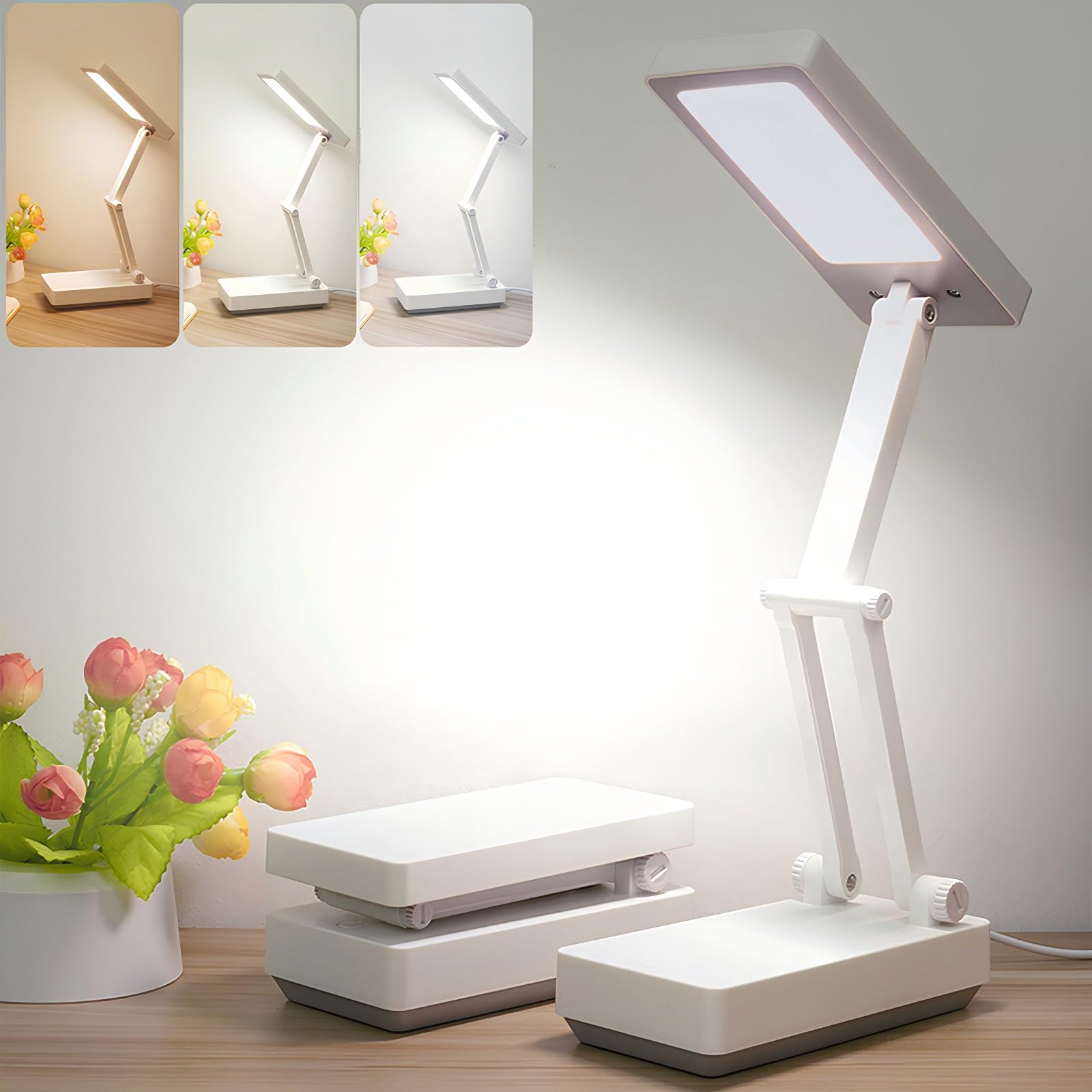 Lámpara Escritorio Plegable, 3 Niveles de Luz Recargable USB/Batería, 3000mAH Lamparas sin Cables Noche, Flexo Escritorio sin Cable para Niños, Ideal para Dormitorio, Lectura, Estudio y Mesita Noche