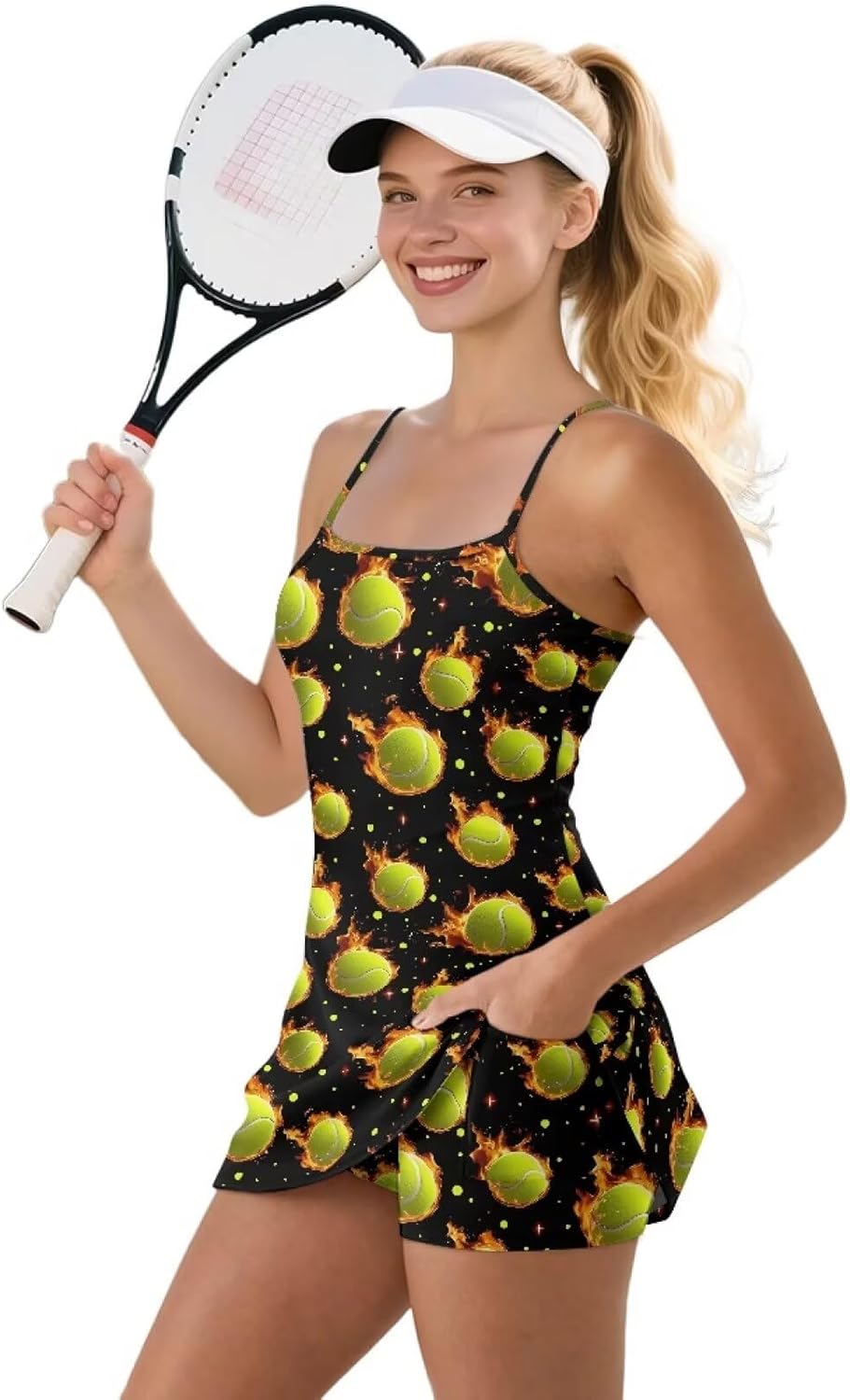 Women’s Golf Tennis Dress with Shorts & Bra Spaghetti Strap Athletic Skort High Waist Golf Dress Causal Active Wear
