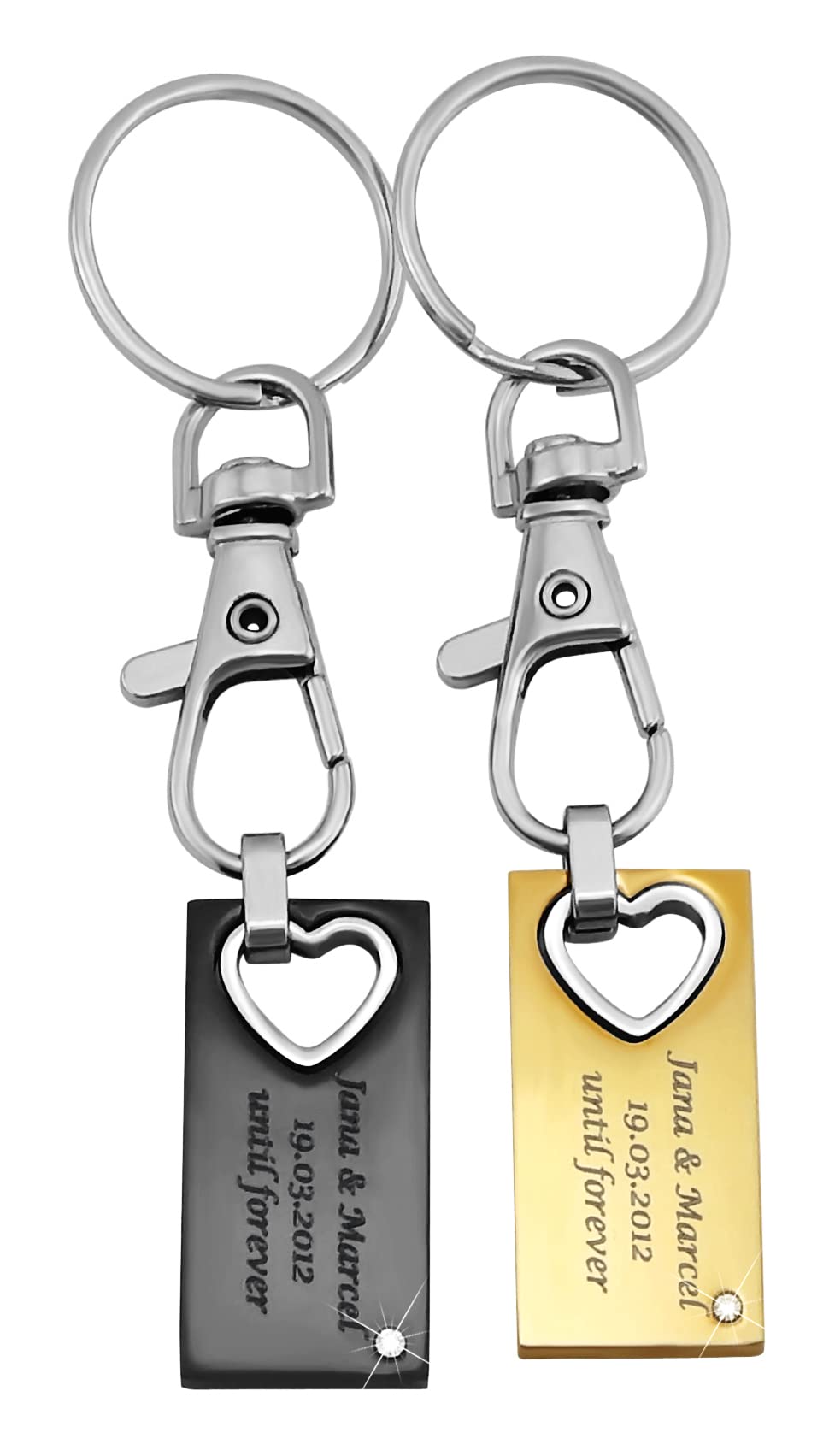 Schlüsselanhänger personalisiert 2 Stück Herz mit Stein | Gravur Set Edelstahl Silber schwarz Gold | Personalisierte Schlüsselanhänger für Paare, Partner, Freunde, Familie