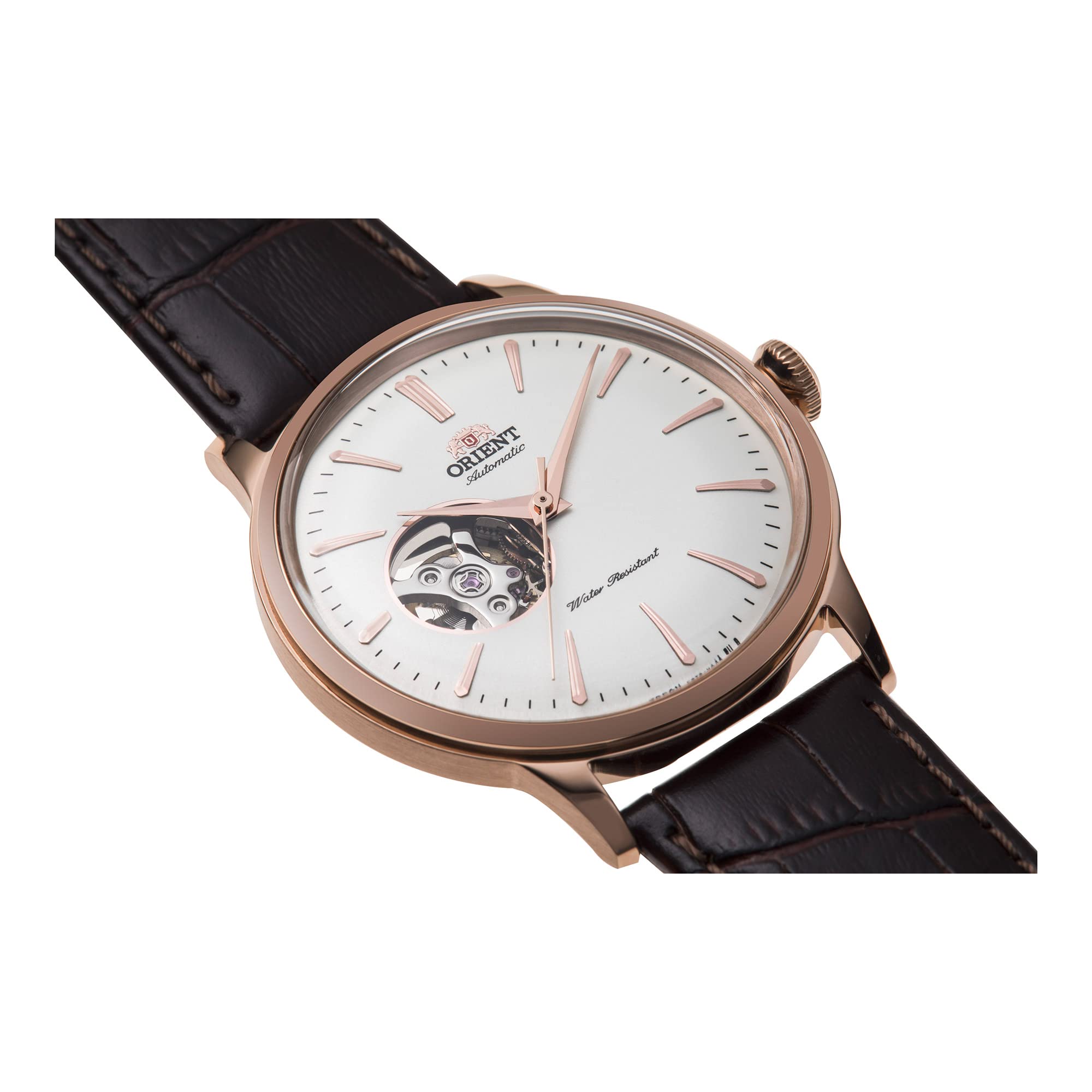 Orient Automatik Herren Armbanduhr aus Edelstahl und Leder in der Farbe Roségold-Weiß-Braun 41mm, Wasserdichtigkeit: 3Bar, RA-AG0001S10B