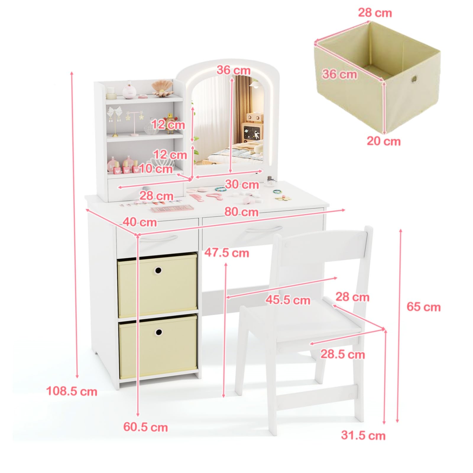 Specchiera Trucco Bambina LIFEZEAL Con Luci LED - Tavolo Toeletta Con Sedia, Cassetti E Scaffale, Bianco - Foto 10