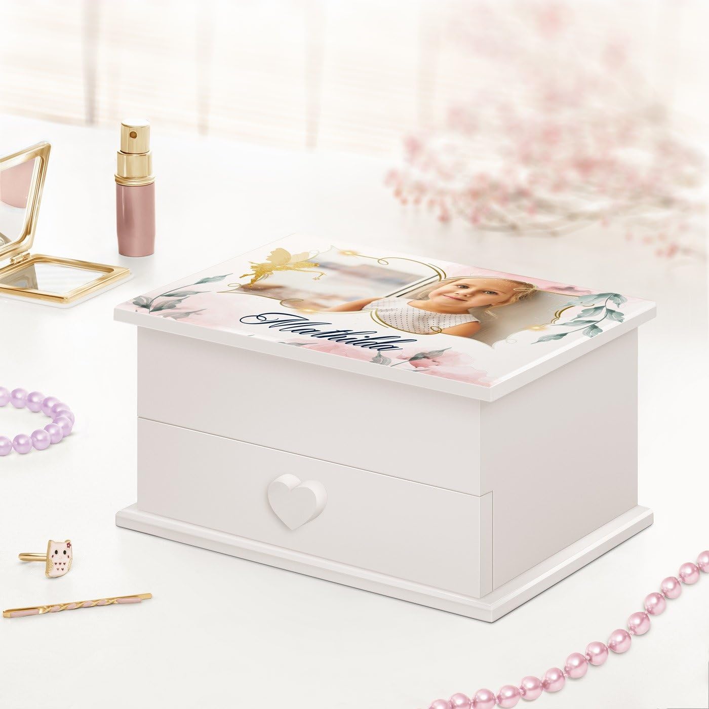 Maverton personalisierte Musik Schmuckdose mit Aufzieh-Spieluhr - Schmuckkästchen Ballerina - Musikspieldose für Mädchen zur Geburt - zum Geburtstag - zu Weihnachten - mit Schublade - Elfe