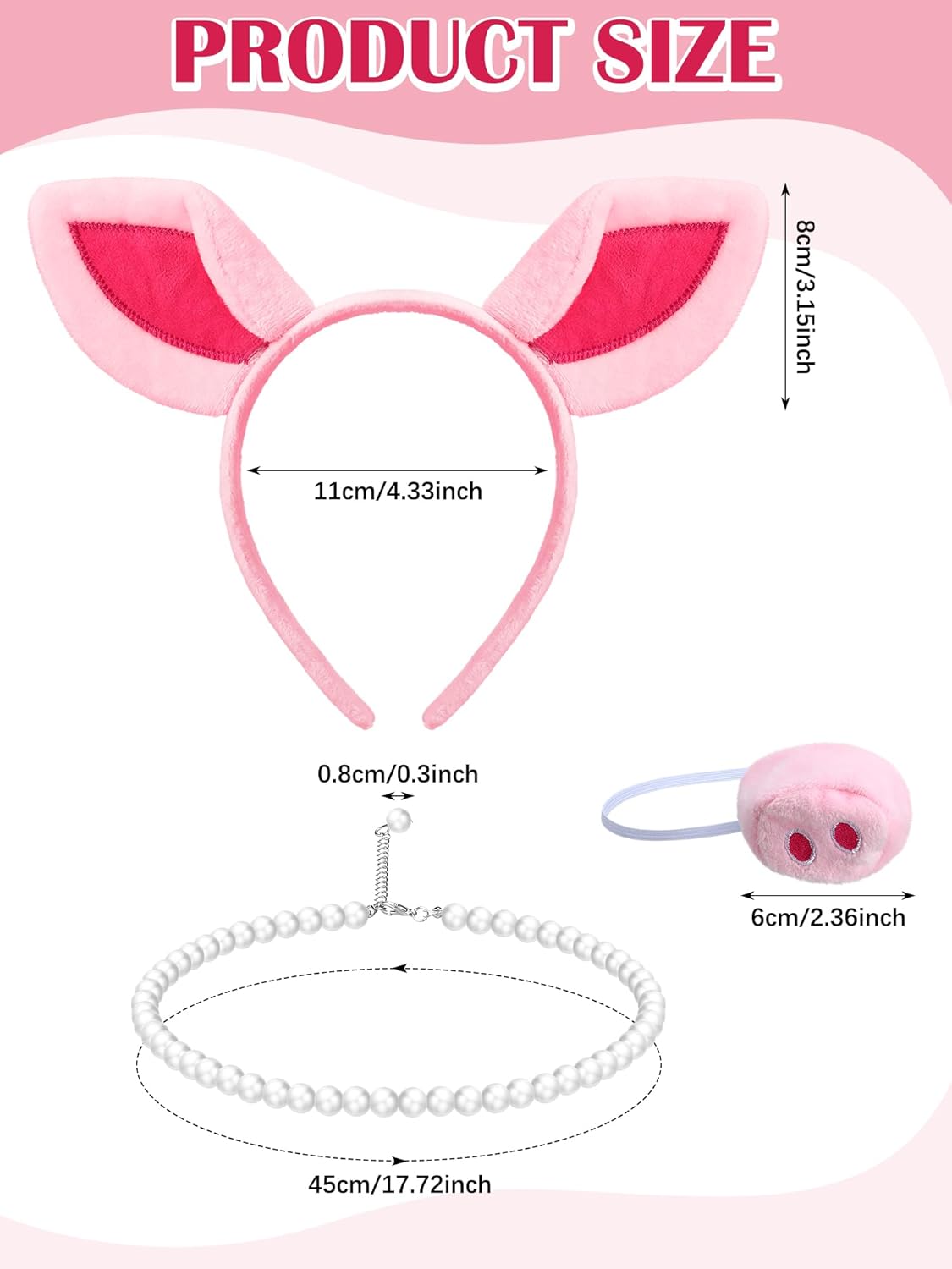 6 Pcs Pig Costume Accessories Set Pink Pig Ears Headband, Snout, Pearl Necklace, Elbow Length Satin Gloves, Feather Boas and Plush Frog Doll for Women Dancing Wedding Party Halloween Cosplay - Image 2