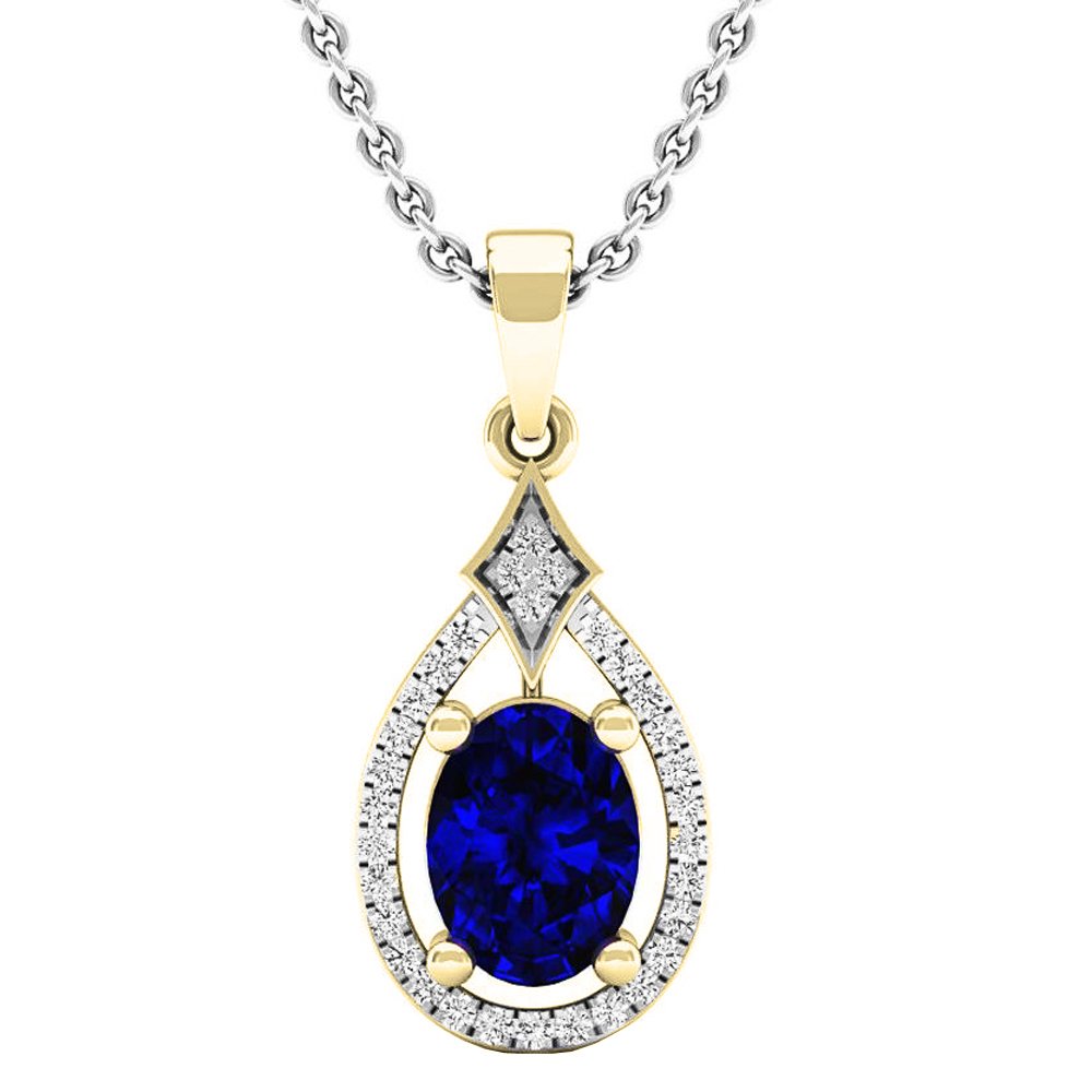 14 K oro 8 x 6 mm Oval Azul zafiro y diamante redondo señoras colgante (cadena de plata incluidas)