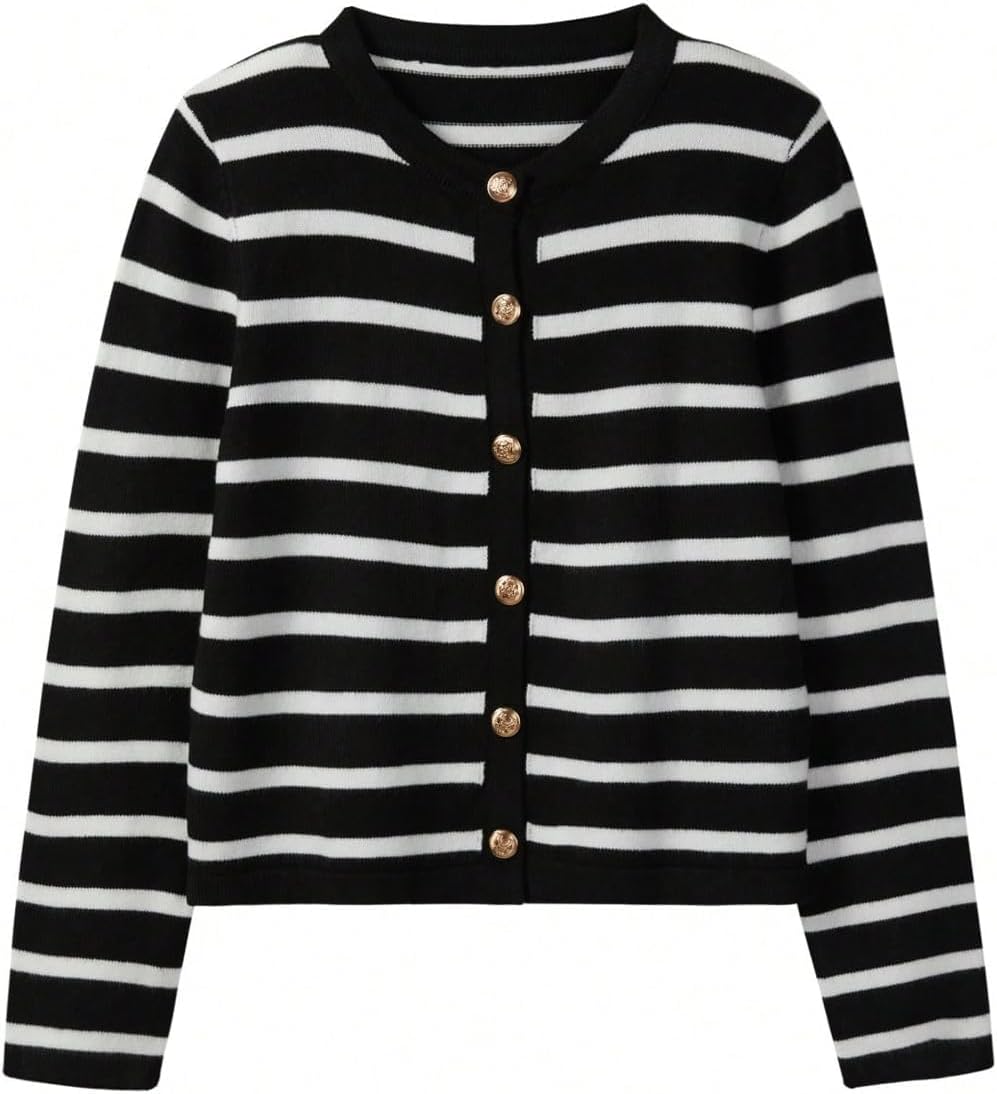 GORGLITTER Women's Striped Cardigan Sweaters Gold Button Down Long Sleeve Trendy Sweater Fall Fashion Outfits