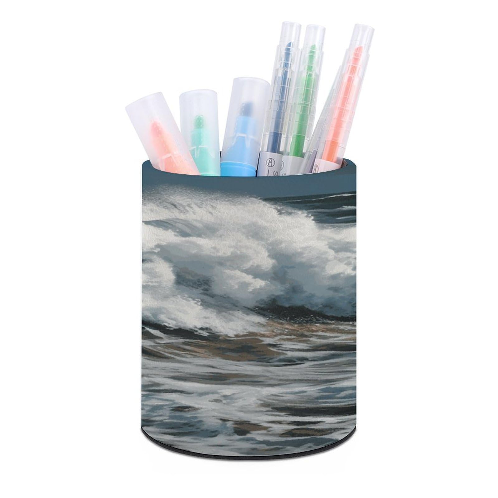 LDGSUPH The Sea Waves Round Pen Holder Leather Pen Cup Pencil Cup Pen Organizer Pencil Holder for Desk Organizer Pencil Organizers Makeup Brush Holders for Home Office Gift