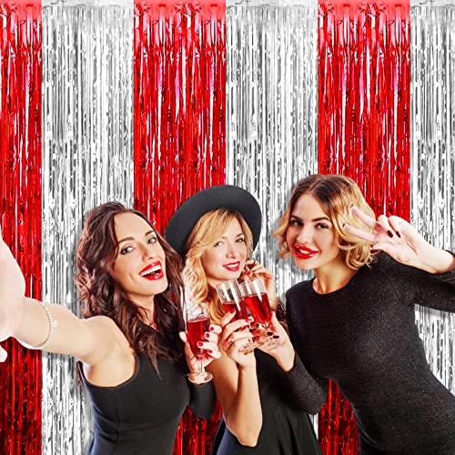 Image of 4 Pack Silver Red Foil Fringe Curtain Backdrop, 3.28Ft x 8.2Ft Metallic Tinsel Foil Fringe Streamers Curtains for Photo Booth, Wedding, Circus Welcome Carnival Birthday Party Decoration