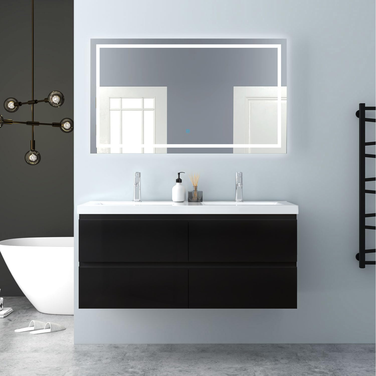 Badezimmermöbel 120cm Mineralguss Waschtisch mit Unterschrank Badmöbel Set Badezimmerschränke mit 2 Soft-Close Schubladen Hochglanz Schwarz