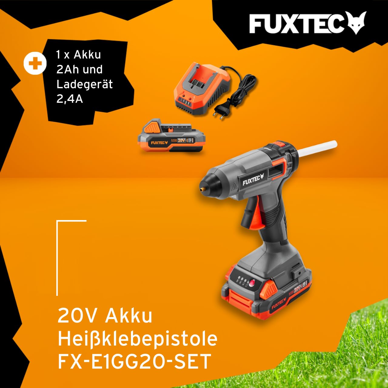 FUXTEC 20V Akku HeißklebepistoleC FX-E1GG20-SET inkl. Akku und Ladegerät, Klebepistole für 11mm Klebesticks, automatische Abschaltung, starke Klebeleistung für Holz/Textilien/Keramik/Leder uvm.