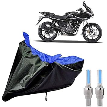 Riderscart All Season (Weather) Waterproof Bike Cover for Bajaj Pulsar 220 Indoor Outdoor Protection Combo with Storage Bag & Tyre Light (Black & Blue)