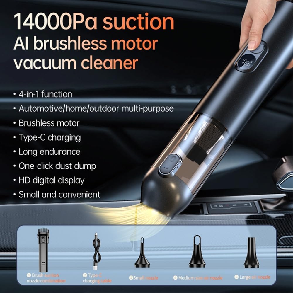 Car Vacuum Portable, Handheld Vacuum Cleaner Cordless 14000Pa 4-in-1 Small Vacuum, Blow & Suction 2 in 1, Up to 30 Mins Runtime, Cordless Vacuum Cleaner for Car and Home(Black)