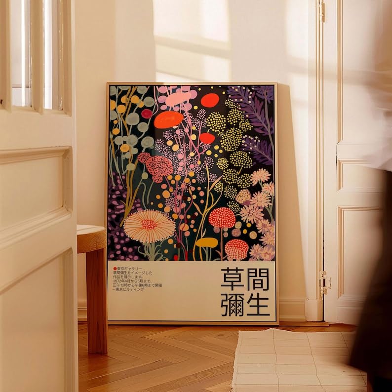 Affiche de Yayoi Kusama sur toile premium avec châssis en bois pour salon chic